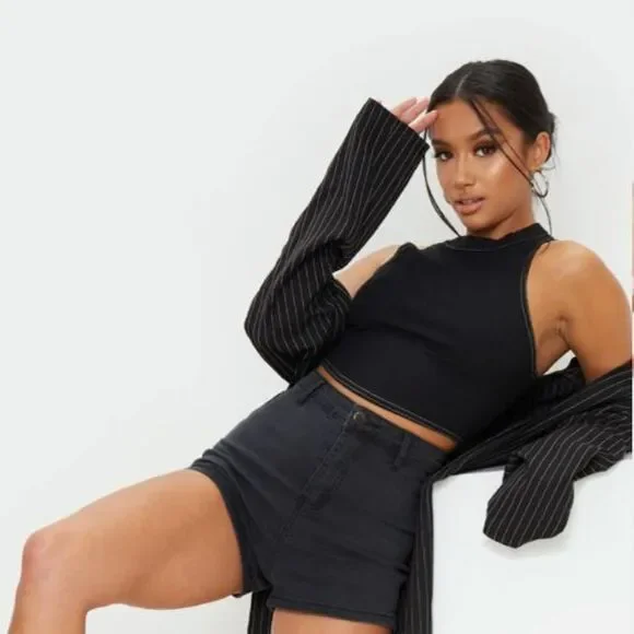 🌼SALE🌼 Petite High Waist Black Denim Disco Shorts - Picture 2 of 8